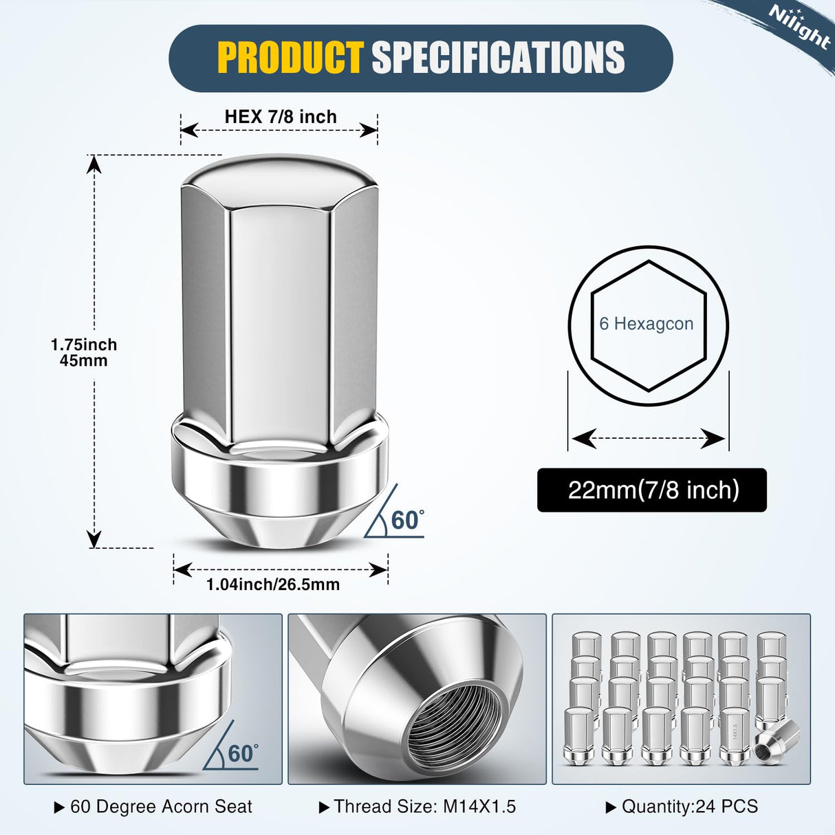 24PCS M14x1.5 Lug Nut One-Piece Compatible with 2012-2024 RAM 1500 | for 2000-2024+ Suburban/Tahoe/Yukon/Escalade 1999-2025 Silverado/Sierra 1500 Solid Chrome Steel OEM Factory Wheel Nut Replace