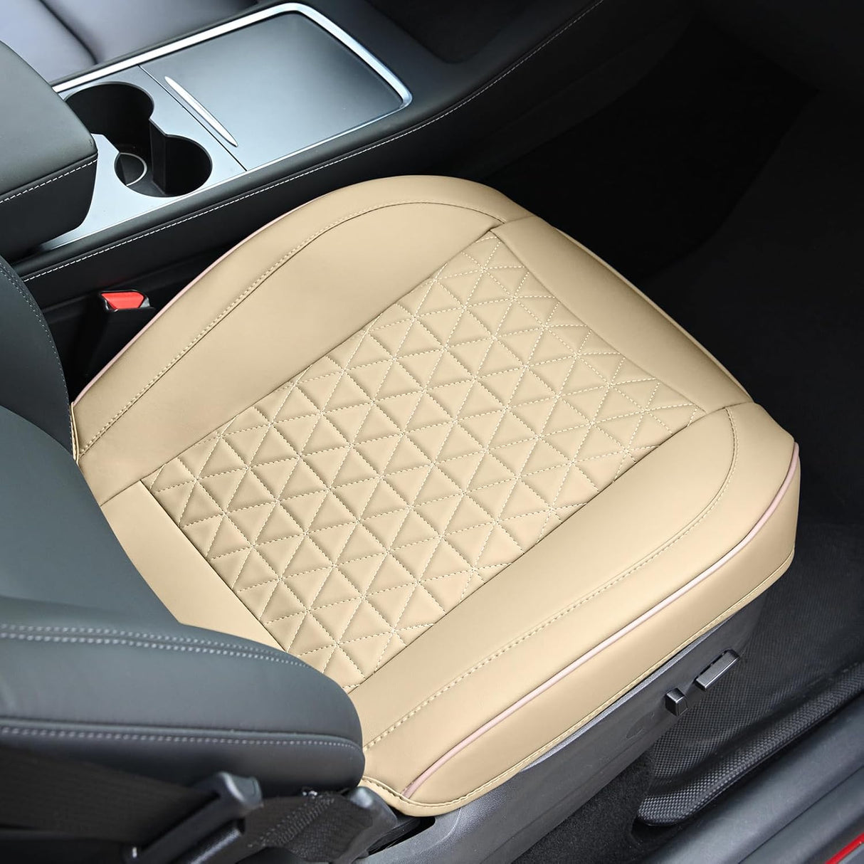 Car Seat Cushion Cover Beige Leather Front Seats Waterproof Anti-Slip with Storage Bag Wraps Bottom Fits Cars Sedan Van SUV Truck