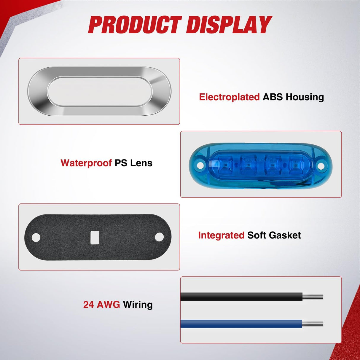 10PCS Blue Oval Side Marker Lights 4 LED 3.7 Inch Clearance Lamp IP68 Waterproof DC 12-24V with Chrome Bezel Universal for Car Auto Truck Bus Trailer Boat Deck