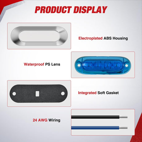 10PCS Blue Oval Side Marker Lights 4 LED 3.7 Inch Clearance Lamp IP68 Waterproof DC 12-24V with Chrome Bezel Universal for Car Auto Truck Bus Trailer Boat Deck