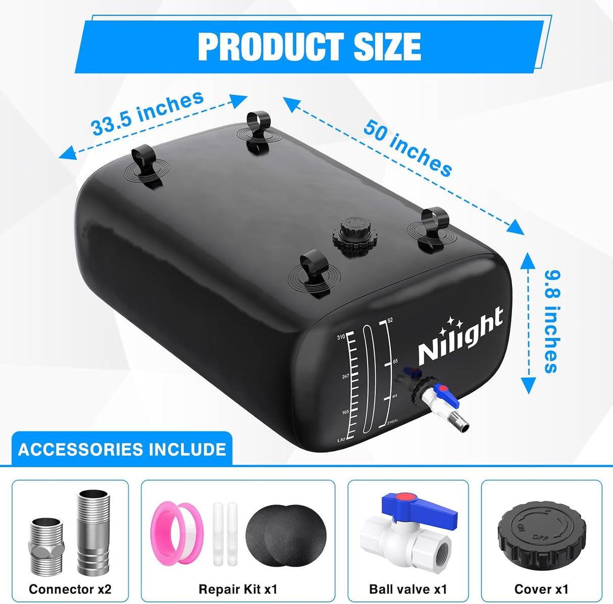 87Gal/330L Water Storage Bladder RV Potable Water Bladder Tank Camping 1000D PVC Foldable Collapsible Storage Containers for RV,Carrier,Camping, Agricultural Irrigation,Garden Watering, Black