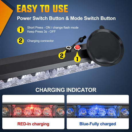 12LED Wireless Emergency Strobe Light Amber White 14 Inch Magnetic Mount Mini Light Bar 12V Rooftop Powered Hazard Warning Flashing Lights for Car Truck Trailer Snow Plow Construction Vehicles