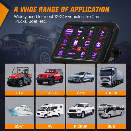 12 Gang Switch Panel 12V 24V Universal Circuit Control Relay System with RGB Backlight APP Fuse Wiring Harness Automatic Dimmable ON Off LED Switches Pod for Car Pickup Truck Camper SUV