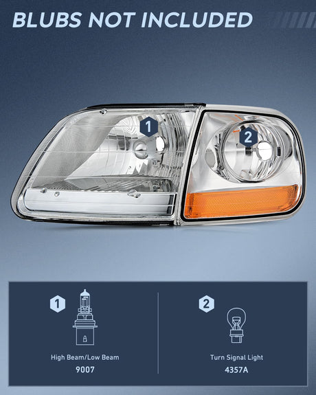 Headlight Assembly Compatible with 1997 1998 1999 2000 2001 2002 2003 Ford F-150 Expedition Chrome Housing Amber Reflector