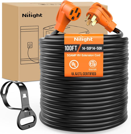 RV Parts 50 Amp 100FT RV EV Extension Cord 250V Heavy Duty 6/3+8/1 Gauge Pure Copper STW Wire UL ETL Listed 4 Prong Nema14-50P 14-50R 50F/50M Cable Suit for RVs EVs Trailer Campers