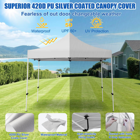 10x10 Pop Up Canopy Tent with 4 Sidewalls Portable Folding Outdoor Canopy Easy Setup Gazebo Waterproof Instant Popup Shelter Tent w Wheel Carry Bag sandbags for Events Parties Camping, White