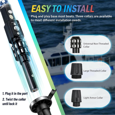Boat Navigation Light 5FT Spiral LED Whip Lights 360° Visibility 2NM Coast Guard Compliant 400+ Patterns with Remote Plug-in Base Boats Stern Navlight for Night Fishing, Yacht, Pontoon