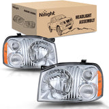 Headlight Assembly Compatible with 2001 2002 2003 2004 Nissan Frontier XE OE Style Replacement Halogen Headlights Chrome Housing Amber Reflector Clear Turn Light Headlamp Passenger and Driver