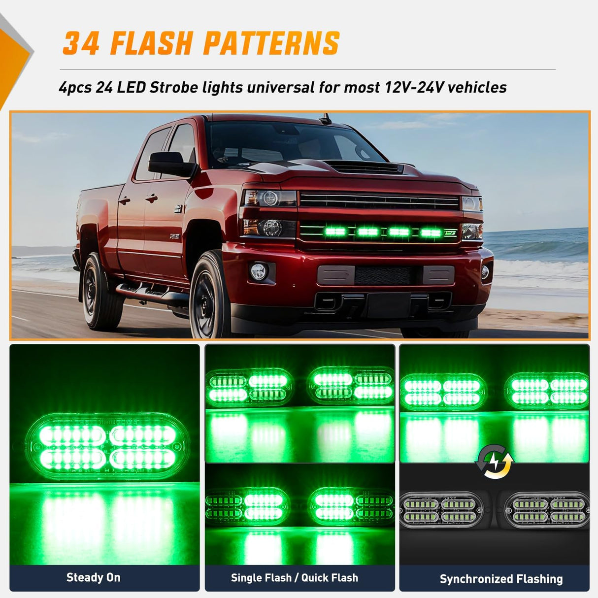 4PCS 24LED Emergency Strobe lights 12V 24V Green Surface Mount Grille Hazard Safety Warning Light Sync Feature Side Flashing Marker Flash for Car Truck Campers