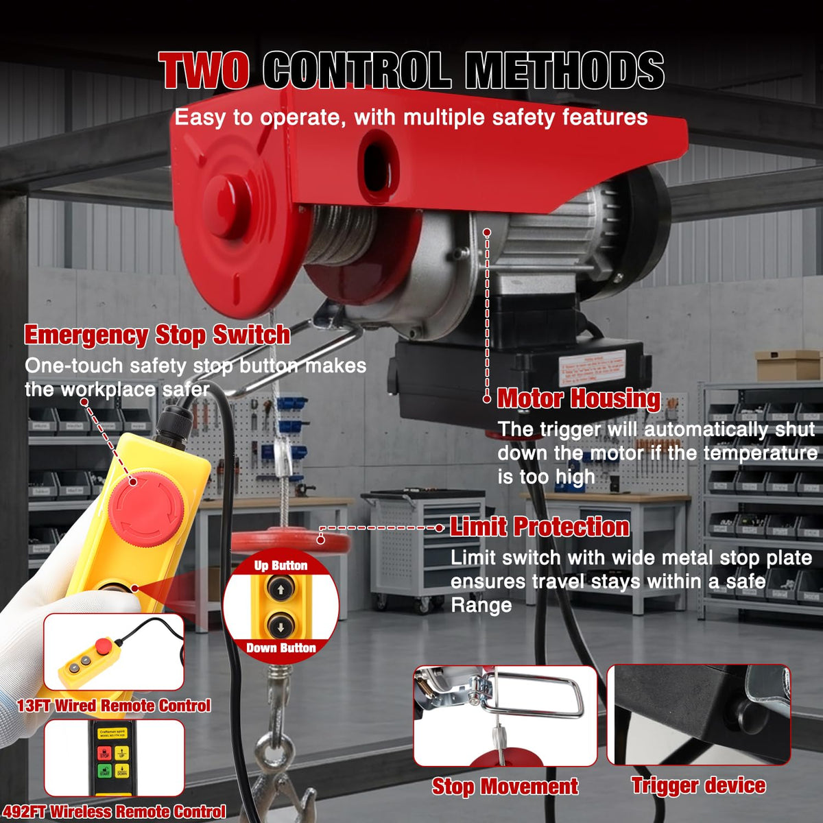 440LBS Electric Hoist 110V Electric Hoist Winch with Wireless & Wired Remote Control, Hoist Lift Winch Single/Double Slings 39FT Lifting Height w Emergency Stop for Garage Warehouse Factories