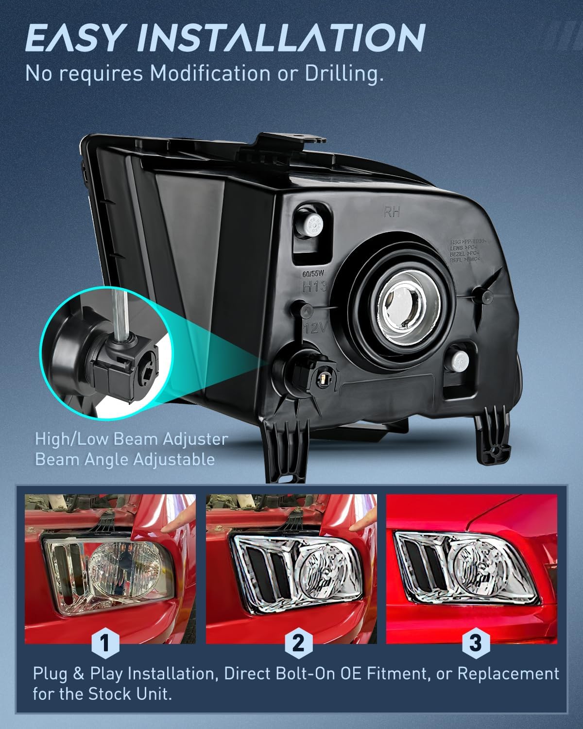 2005-2009 Ford Mustang Headlight Assembly Chrome Housing Clear Reflector Upgraded Clear Lens Nilight