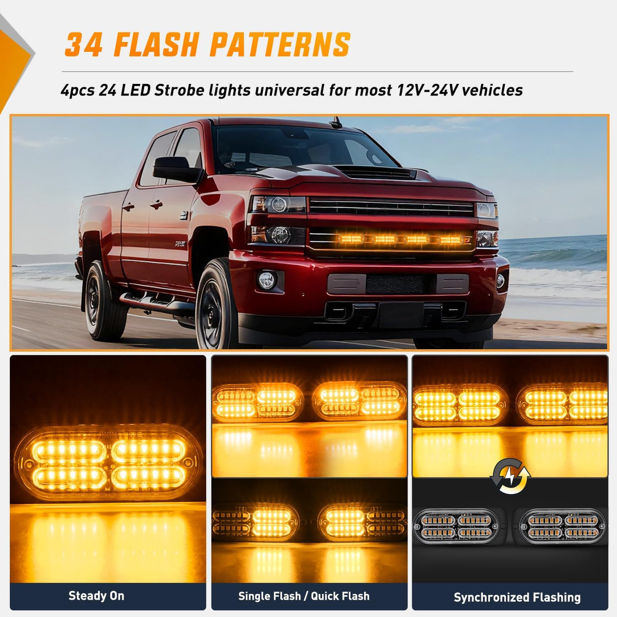 4PCS 24LED Emergency Strobe lights 12V 24V Amber Surface Mount Grille Hazard Safety Warning Light Sync Feature Side Flashing Marker Flash for Car Truck Campers