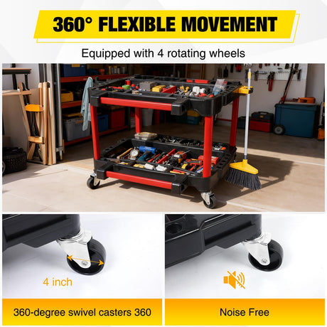 2-Tier Car Detailing Cart with Polisher Brackets - Rolling Utility Plastic Cart with Organizer & Hooks - Heavy Duty Mobile Tool Station
