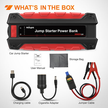 2000A Car Battery Jump Starter for Up to 8.0L Gas & 7.0L Diesel Engines 12V Portable Jump Start Booster Pack Jump Box with Jumper Cables DC Output and LED Light