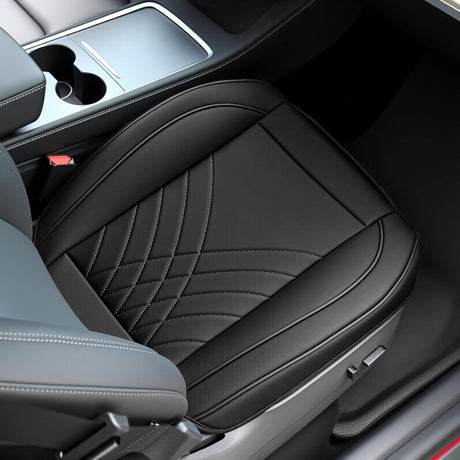 Car Seat Cushion Cover Black Geometric Embroidered Leather Front Seats Waterproof Anti-Slip Comes with Storage Bag Wraps Bottom Fits Cars Sedan Van SUV Truck