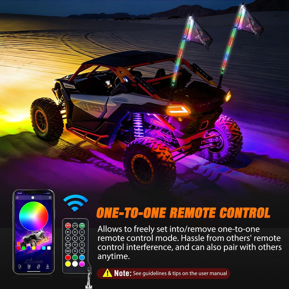 RGB LED Whip Light 2PCS 3FT with 6 Rock Lights Combo | APP and Remote Control with DIY Chasing Patterns Turn Signal Brake Reverse Functions and Spring Base for ATV UTV Jeep