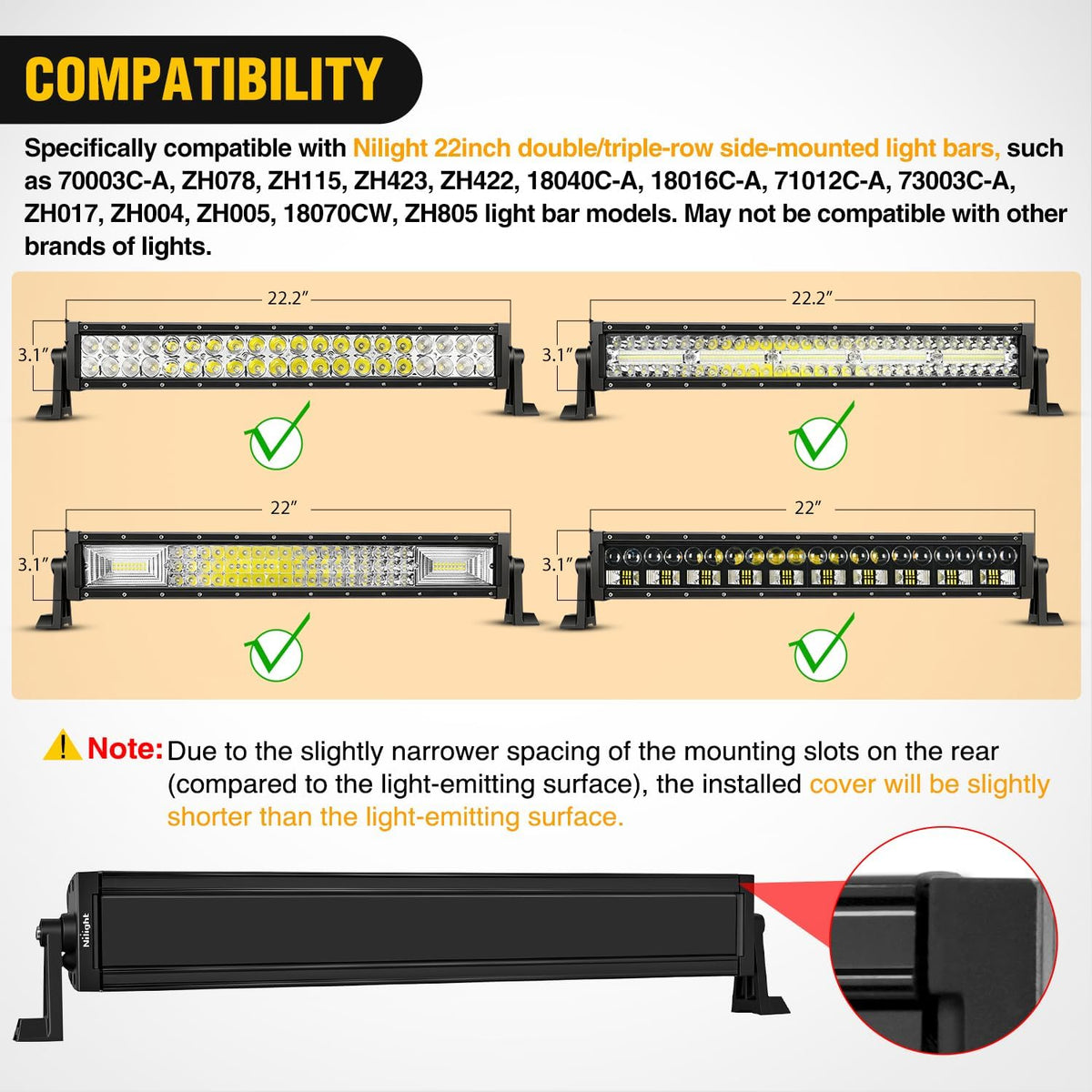 22 Inch Spot Flood Combo LED Light Bar Black Cover | Protective Durable Polycarbonate Lens, Waterproof Dustproof Scratch-Proof for Side-Mounted Bumper Off Road Driving Fog Lamp