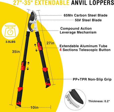 27-35 Inch Extendable Loppers for Tree Trimming Heavy Duty Tree Trimmer Bypass Loppers with Compound Action Sharp Anvil Blade up to 2 Inch Cut Capacity Branch Cutter Chops Thick Branches Ease