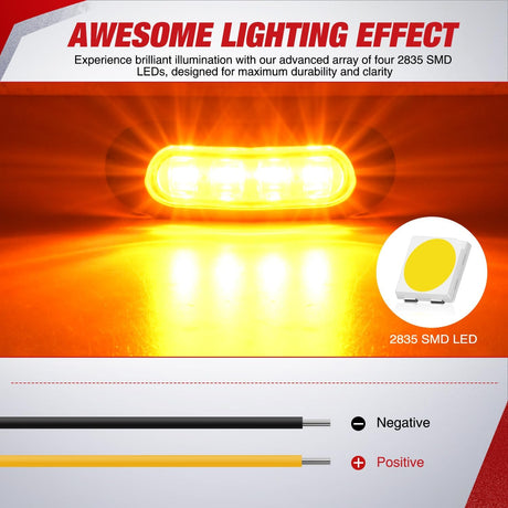 10PCS Amber Oval Side Marker Lights 4 LED 3.7 Inch Clearance Lamp IP68 Waterproof DC 12-24V with Chrome Bezel Universal for Car Auto Truck Bus Trailer Boat Deck