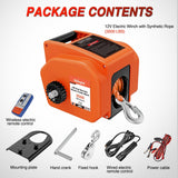 Boat Trailer Winch 3500 lbs Portable Electric Boat Winches 12 V DC Marine Winch with Synthetic Rope Remote Control Hand Crank Power-In Freewheel Waterproof Winch for Boat Trailer Towing Orange