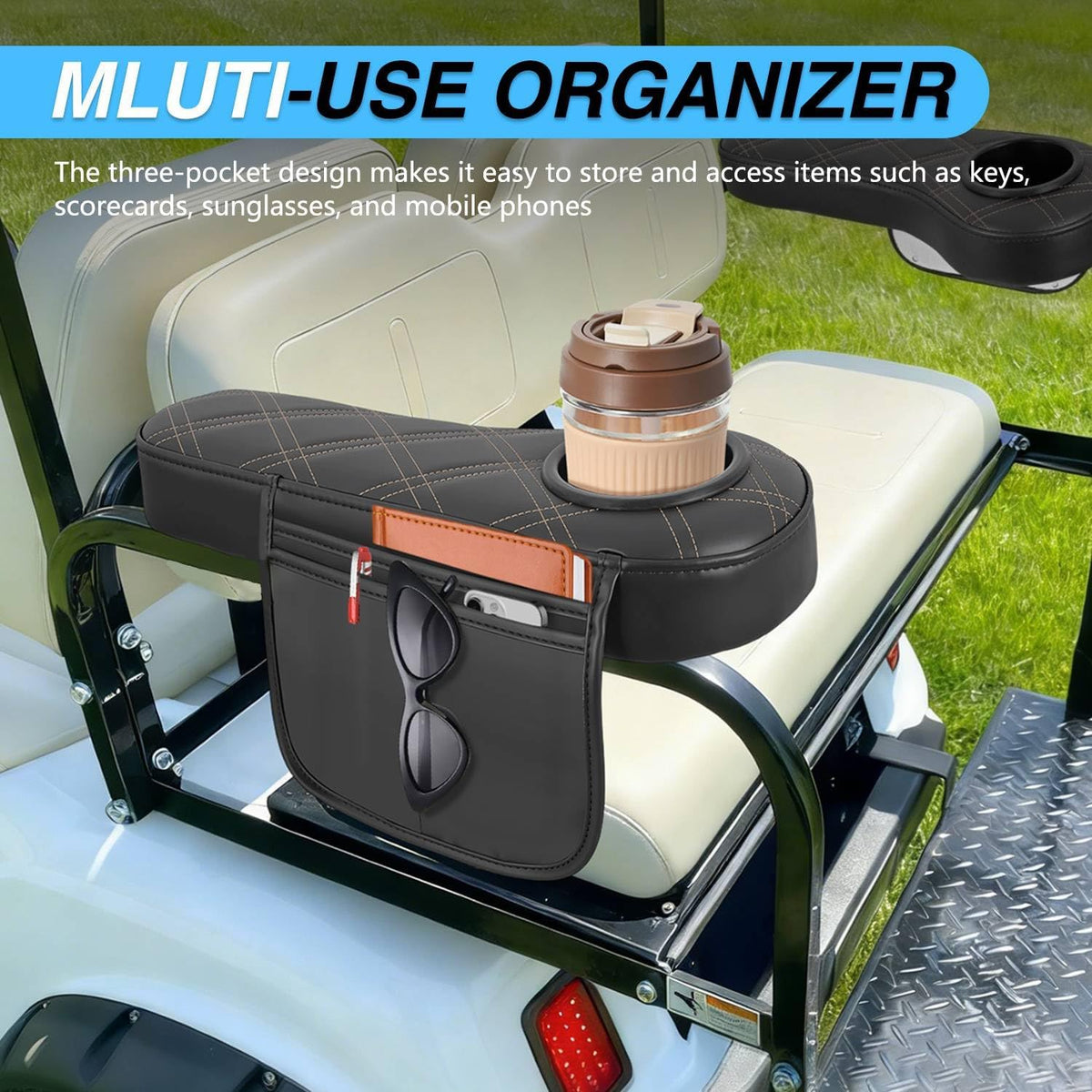 Golf Cart Armrests 2PCS Black Diamond Flip Stand Storage | No Drilling Cup Holder Detachable PU Leather Armrest Fits 1 Inch Square Tubes for EZGO Club Car Yamaha Rear Seat