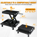 Motorcycle Lift 1100 LBS ATV Scissor Lift Jacks with Dolly Wheels Crank Handle 5.1 Inch-15.7 Inch Hoist Stand Heavy Duty Steel Lifter Jack for Motorcycles Dirt Bike Garage Storage Repair Tool, Black