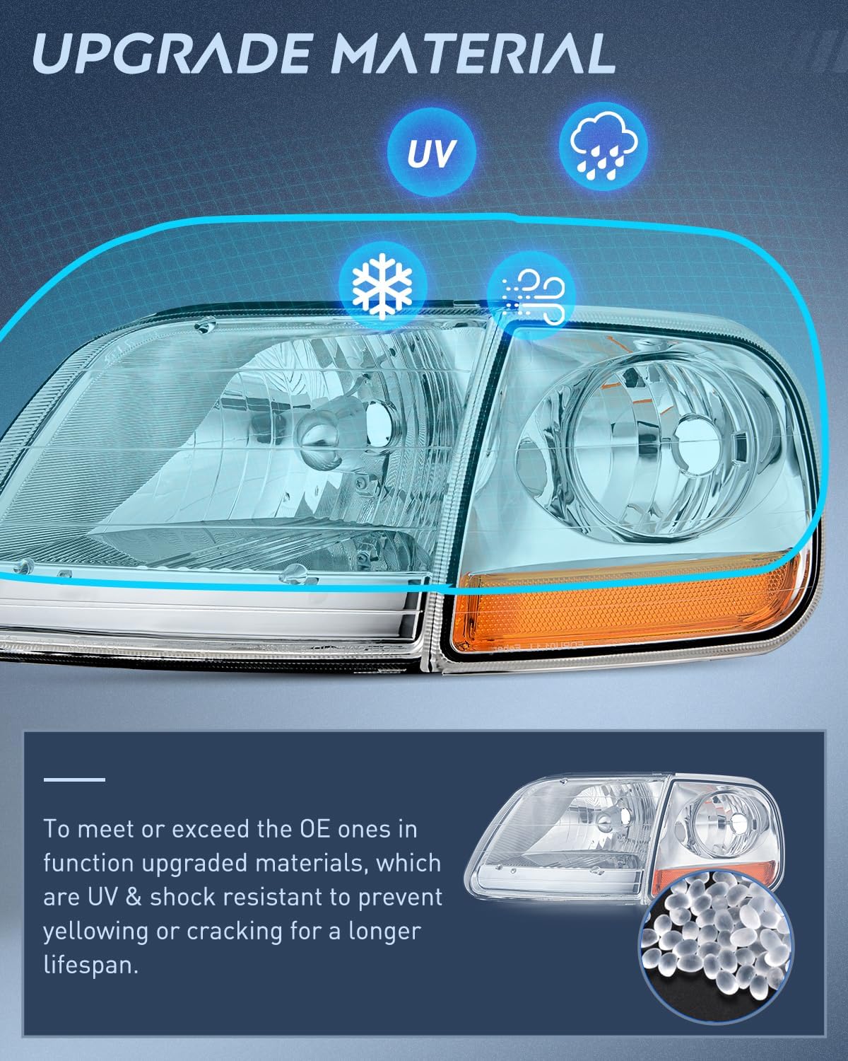 Headlight Assembly Compatible with 1997 1998 1999 2000 2001 2002 2003 Ford F-150 Expedition Chrome Housing Amber Reflector