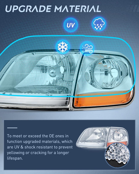 Headlight Assembly Compatible with 1997 1998 1999 2000 2001 2002 2003 Ford F-150 Expedition Chrome Housing Amber Reflector