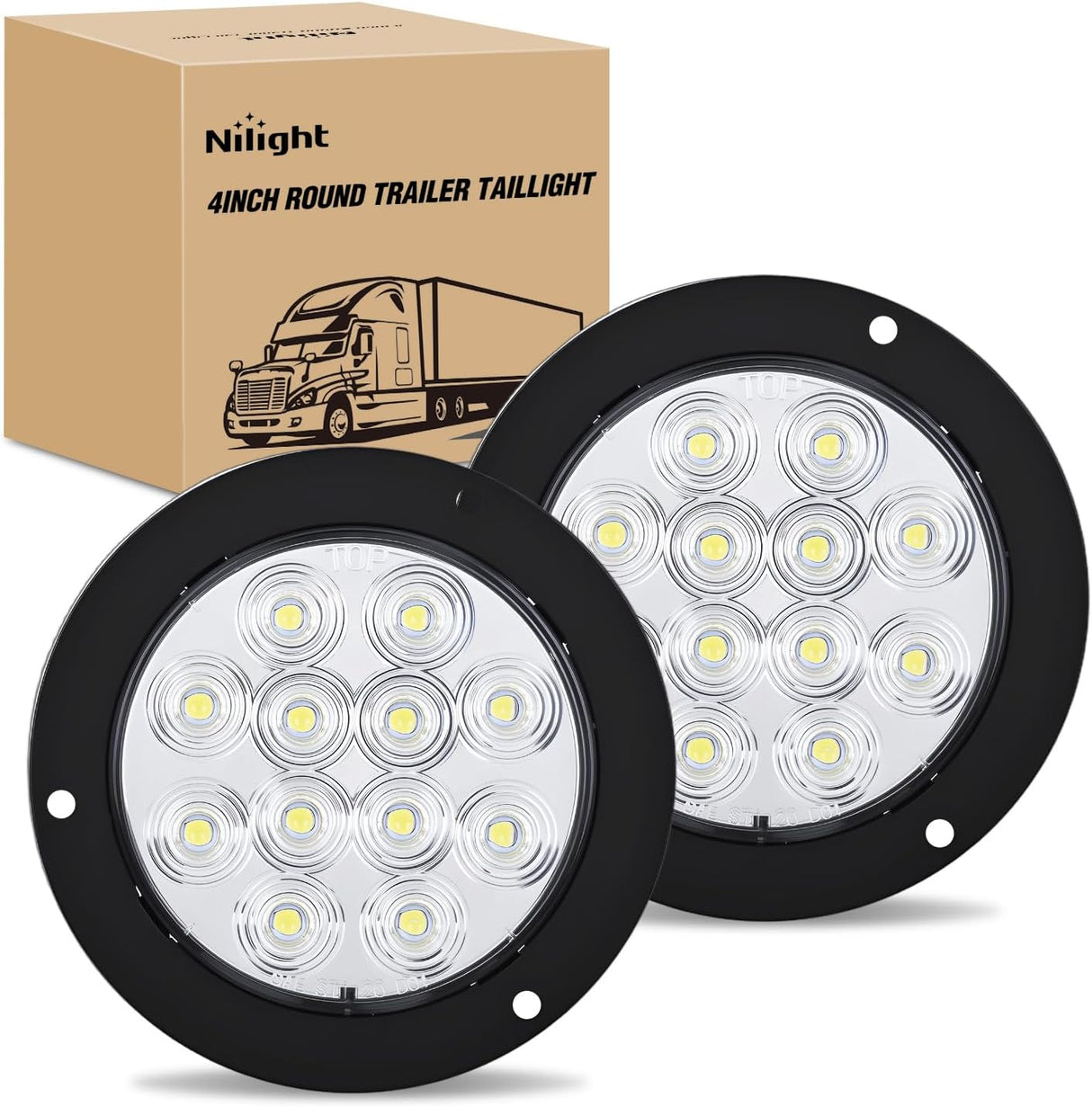 Trailer Tail Lights 2PCS 4Inch Round 12LED White Backup | IP67 Waterproof Screw Mount Marker Clearance Reverse Running Taillights for Trailer Truck Pickup Camper RV