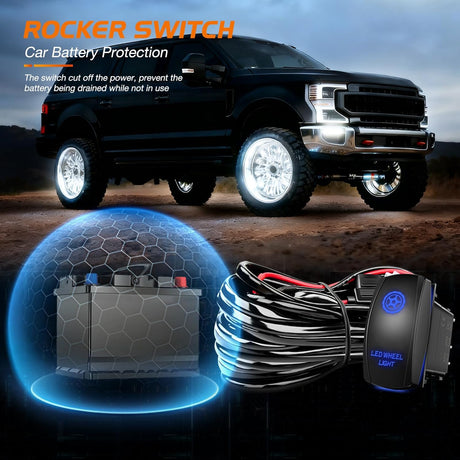 4PCS 17inch Double Row LED Wheel Ring Lights Pure White with Wiring Harness Kit Rocker Switch Control Dual Row for Car Van SUV Truck