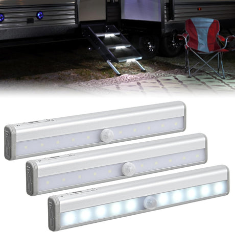 RV Step Lights 3PCS Motion Sensor Activated LED Bar RV Exterior Lights Battery Operated Wireless Magnetic Stick Strip Lighting for Motorhome Travel Trailers Camper Under Cabinet Step Tent