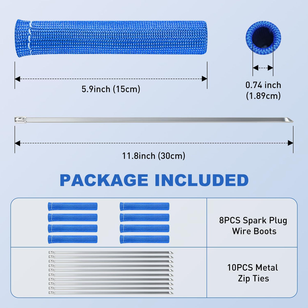 6 Inch Spark Plug Wire Heat Shield Sleeve 8PCS Blue | 3002°F Boot Protector with 10 Metal Zip Ties, Replacement for LS1 LS2 SBC BBC 350 454 Car Truck