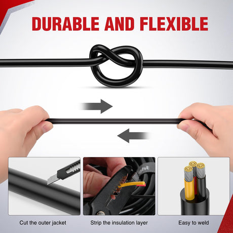 100FT 18AWG 3 Conductor Electrical Wire Tinned Oxygen Free Copper Red Black Yellow 3 Wires Parallel 600V DC Flexible PVC Case Extension Cords for LED Strips Lamps Lighting