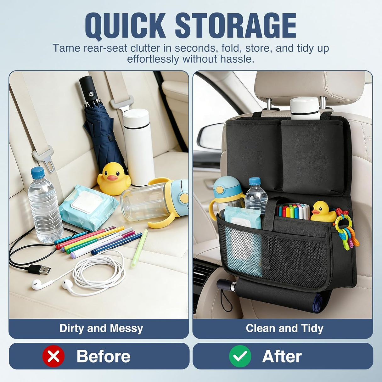 Car Seat Back Organizer 2PCS Black Oxford Fabric Universal | Multi Compartment Cup Holder Hanging Storage Bag Scratch Resistant Durable Design for Cars Vans SUVs MPVs Pickup Trucks