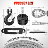 Synthetic Winch Rope Kit, 1/4 Inch x 50 Feet Winch Line Cable for ATV UTV Offroad, 10000 lbs Gray Winch Cable Ropes with Winch Fairlead+ Forged 35000lb Winch Hook+ Rubber Stopper Safety Strap