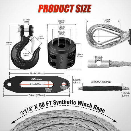 Synthetic Winch Rope Kit, 1/4 Inch x 50 Feet Winch Line Cable for ATV UTV Offroad, 10000 lbs Gray Winch Cable Ropes with Winch Fairlead+ Forged 35000lb Winch Hook+ Rubber Stopper Safety Strap