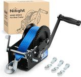 Boat Trailer Winch 3500 LBS Hand Crank Winch Heavy Duty Boat Winches with 33 FT Blue Strap Rope Hook Two Way Ratchet 4:1 8:1 Gear Portable Marine Manual Winch for Trailers Boat RV ATV Towing