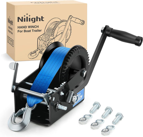 Boat Trailer Winch 3500 LBS Hand Crank Winch Heavy Duty Boat Winches with 33 FT Blue Strap Rope Hook Two Way Ratchet 4:1 8:1 Gear Portable Marine Manual Winch for Trailers Boat RV ATV Towing
