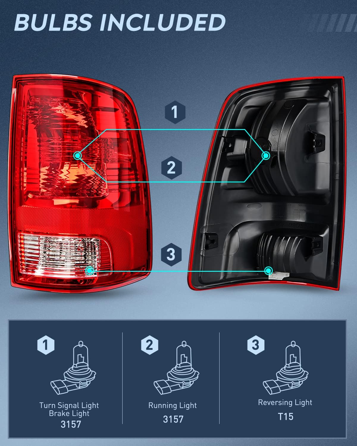 Headlight and Taillight Assembly Combo Compatible with 2009 2010 2011 2012 2013 2014 2015 2016 2017 2018 Dodge Ram for Quad Models Chrome Housing Clear Reflector with Red Housing Tail Light