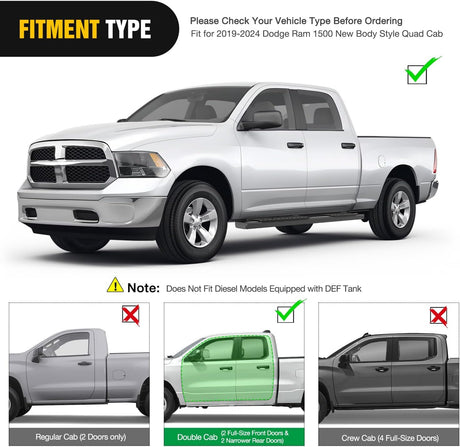 Running Boards for 2019-2025 Dodge Ram 1500 Quad/Extended Cab New Body Style 6 Inch Side Step Nerf Bars Stainless Steel Black