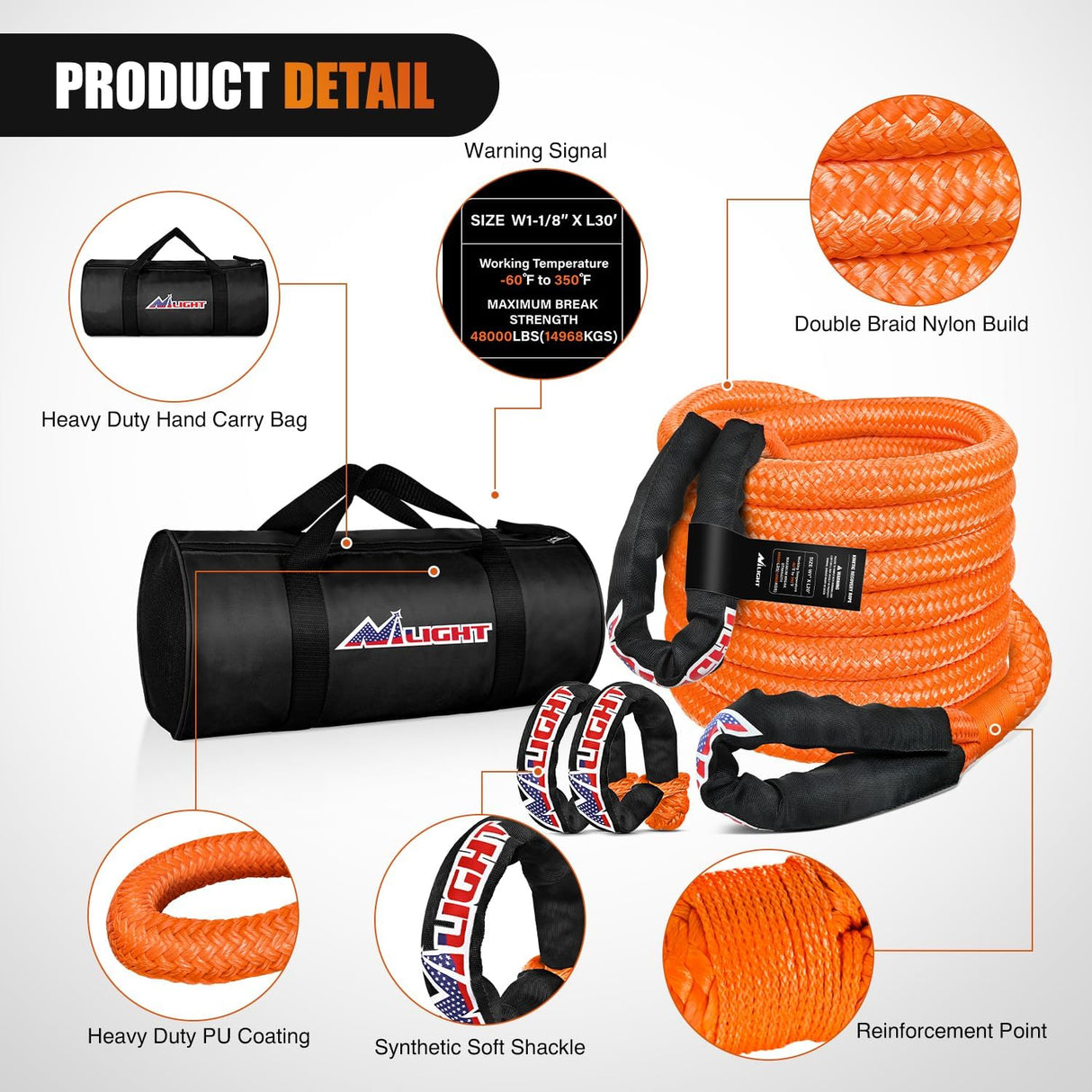Kinetic Recovery Tow Rope Kit with 2 Soft Shackle 1-1/8inx30ftt Heavy Duty Offroad Tow Rope Snatch Strap Towing Strap kit 48,000LBS for UTV ATV SUV Truck Car Jeep Tractor