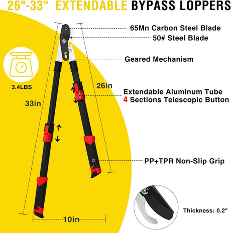 26-33 Inch Extendable Bypass Loppers for Tree Trimming Heavy Duty Powerful Gear Tree Trimmer w Non-slip Handle Sharp Steel Blade up to 1.8 Inch Cut Capacity Branch Cutter Chops Thick Branches Ease