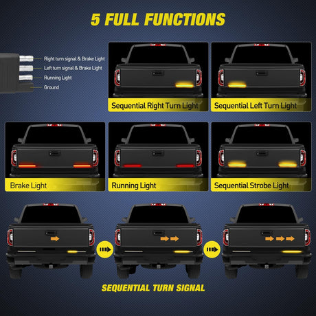 Truck Tailgate Light Strip 7 Inch Aluminum Frame Double Row 60 LED Red Running Brake Amber Sequential Turn Signals Strobe Lights Bar for Trailer Hitch Cargo Carrier Luggage Rack