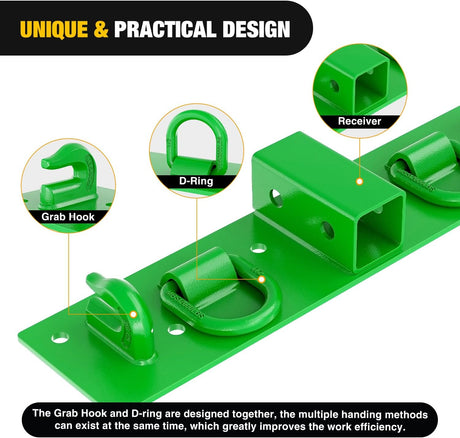 3/8 Inch Tractor Bucket Grab Hooks with 1/2 Inch Tie Down Ring and 2 Inch Receiver Grade 70 Forged Steel Bolt-On for John Deere Compact Tractor Bucket RV UTV Truck Max 4700LBS, Green