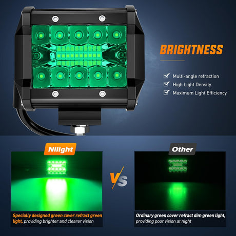 4 Inch LED Light Pods Green Triple Row 2PCS 60W Flood Spot Combo Off Road Driving Fog Fishing Hunting Emergency Safety Signal Deck Trailer Lighting for UTV Pick-up Van Boat Tractor