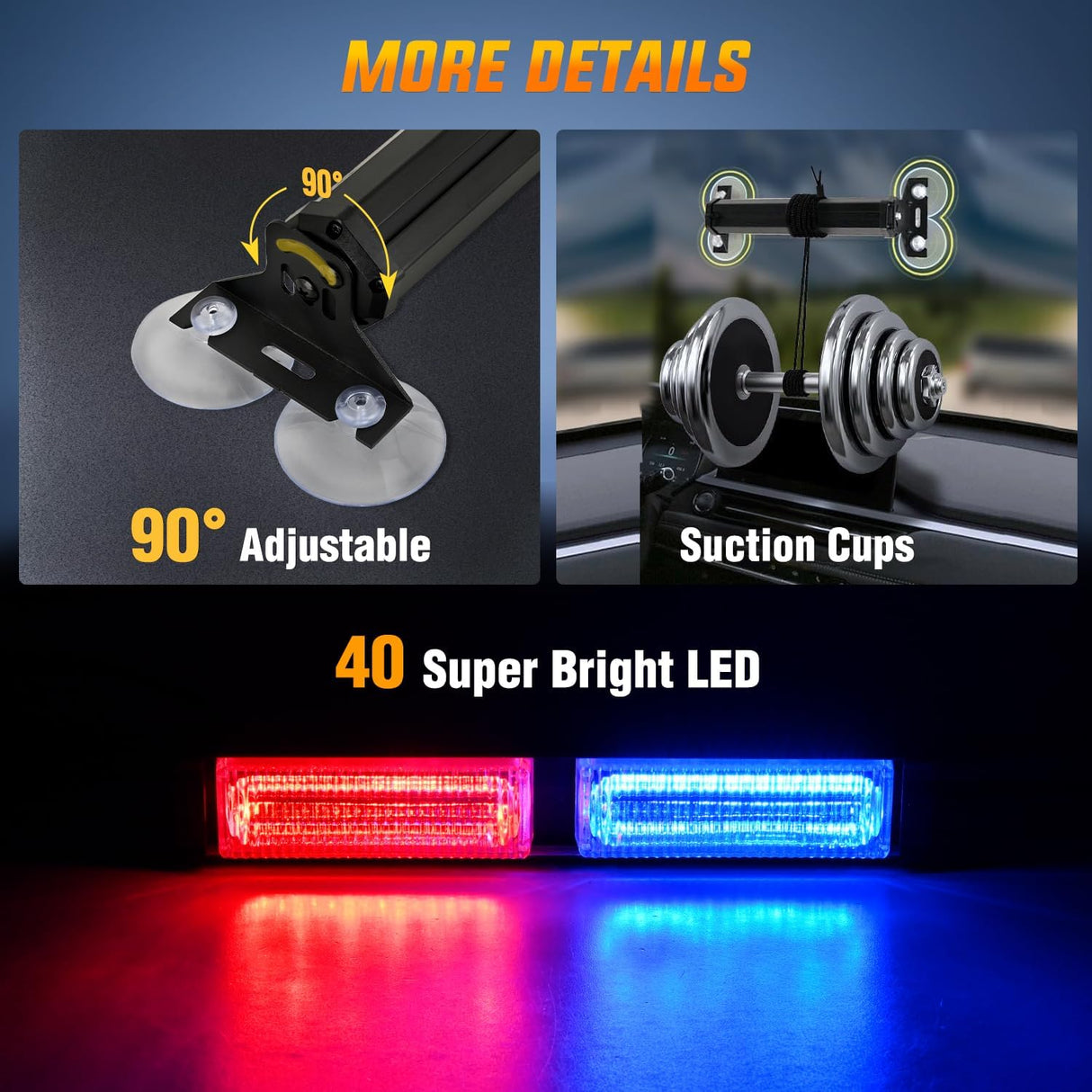 40LED Blue Red Emergency Strobe Traffic Advisor Light Bar with Suction Cups Dash Safety Warning Hazard Flashing Lights Interior Front/Rear Windshield for Trucks Construction Vehicles