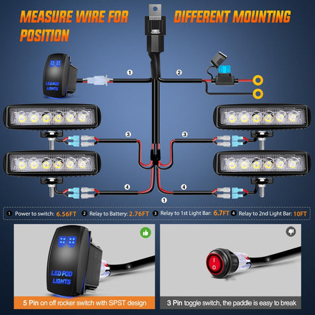 LED Pods 4PCS 18W 6Inch Flood Offroad Fog Light Bar Waterproof with 16AWG POD Lights Wiring Harness Kit for Boat SUV ATV 4WD Car Truck Golf Cart 12V 24V -4 Leads