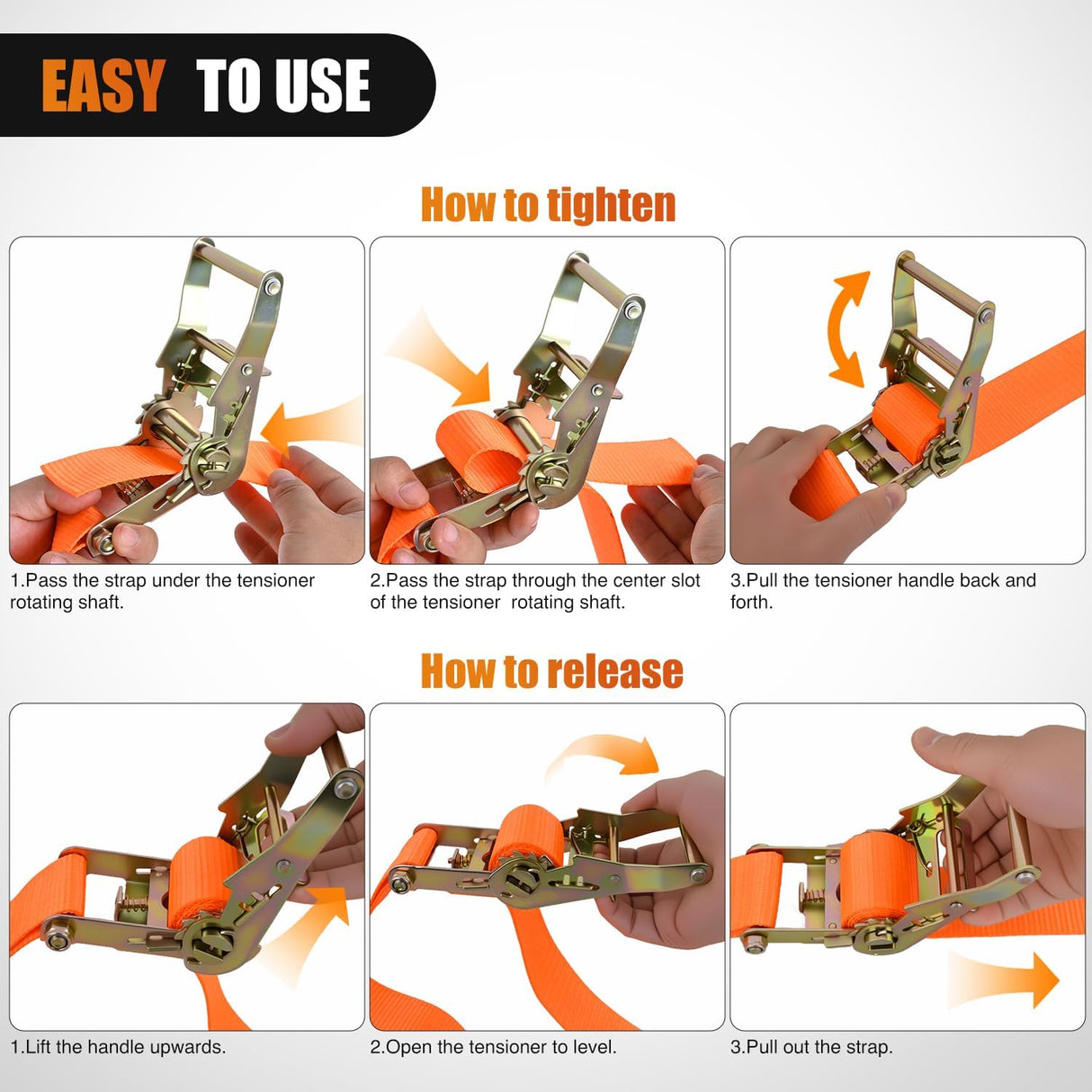 E-Track Ratchet Straps 8 Pack 2 Inch x 15 Inch  Orange | Heavy Duty Cargo Tie-Downs 4400 lbs Breaking Strength Standard E Track accessories Fit for Cargo Vans Trucks Trailers