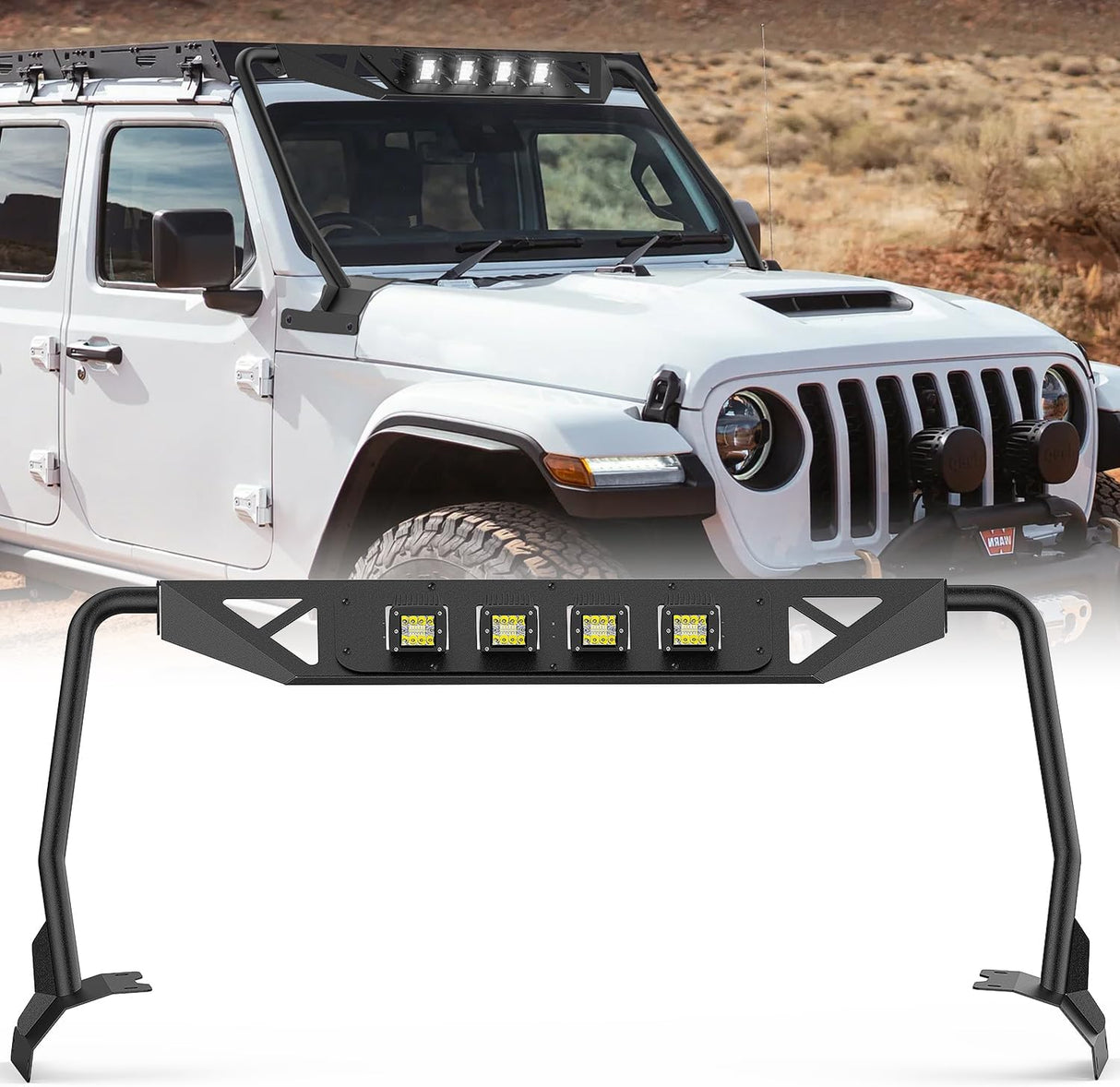 Windshield Frame Cover with 4 x LED Lights Insert Roof Sun Visor Cowl Body Armor Compatible with 2018-2026 Jeep Wrangler JL JLU & Gladiator JT (Excluding JL 4xe & JT Mojave)