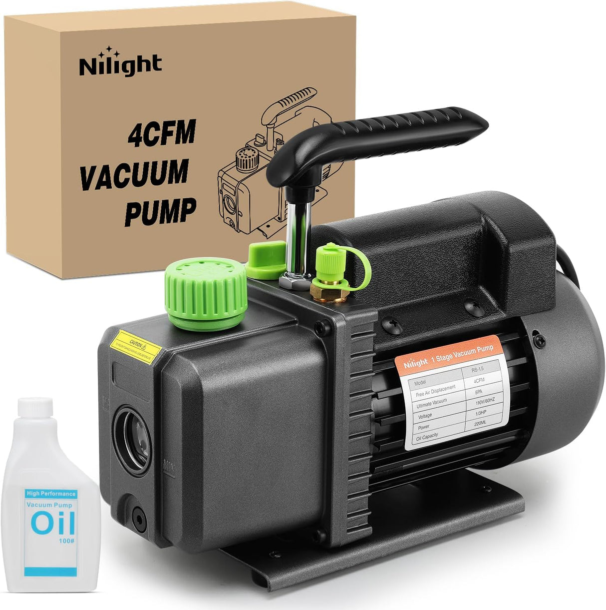 4 CFM Vacuum Pump HVAC, 1/3 HP 110V Single Stage AC Vacuum Pumps Kit for R22 R404a R134a R410a, 5 Pa Ultimate Vacuum for Auto Air Conditioning Servicing Refrigerant Recharging, Oil Included